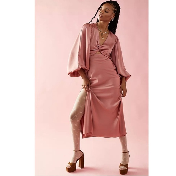Shona Joy Luxe Twist Front Balloon Sleeve Midi Dress Dusty Rose Pink - Picture 1 of 5